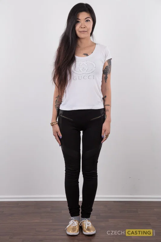Tattooed Asian girl Irina stands fully clothed and then butt naked as well  - Casting, Czech, Amateur, Tattoo, Face, Tiny Tits, Babe, Nipples, PAWG, Panties  - Photo 2