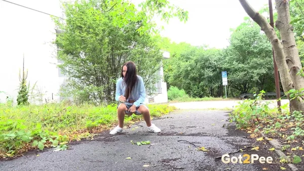 Skinny girl Mistica gets caught taking a piss on a paved path  - Public, Pissing, Pussy, Hairy, Spreading, Skinny, Outdoor, Close Up, Shorts, Tattoo  - Photo 2