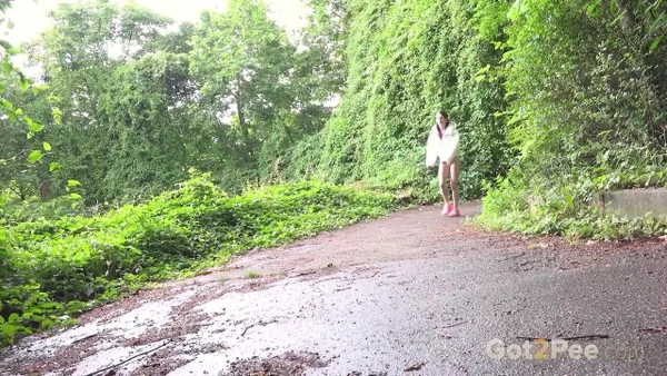 White girl Dragon Fruit takes a badly needed pee on a paved path  - Pissing, Close Up, Outdoor, Ass, European, PAWG, Asshole, Non Nude, Spreading, Babe  - Photo 1