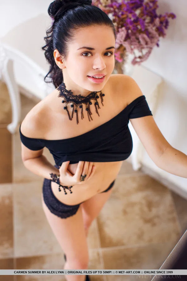 Gorgeous teen Carmen Summer wears her hair up while showing her beautiful twat  - European, Spreading, Latina, Babe, Glamour, Natural Tits, Tiny Tits, Close Up, High Heels, Panties  - Photo 4