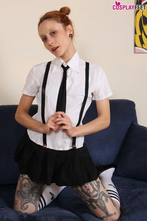 Tattooed schoolgirl Stella frees her feet from sport socks and flat shoes  - Cosplay, Schoolgirl, Redhead, Socks, Non Nude, Uniform, Feet, Tattoo, Skirt, Panties  - Photo 2