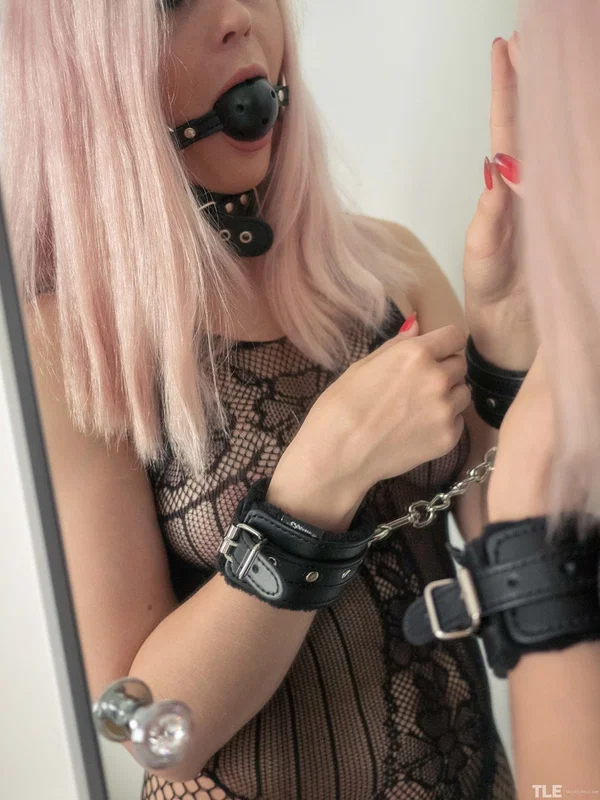 Young girl sports a ball gag and mesh bodystocking while masturbating  - Bondage, Fetish, Teen, Lesbian, Perfect, BDSM, Blonde, Glamour, Cute, Model  - Photo 1