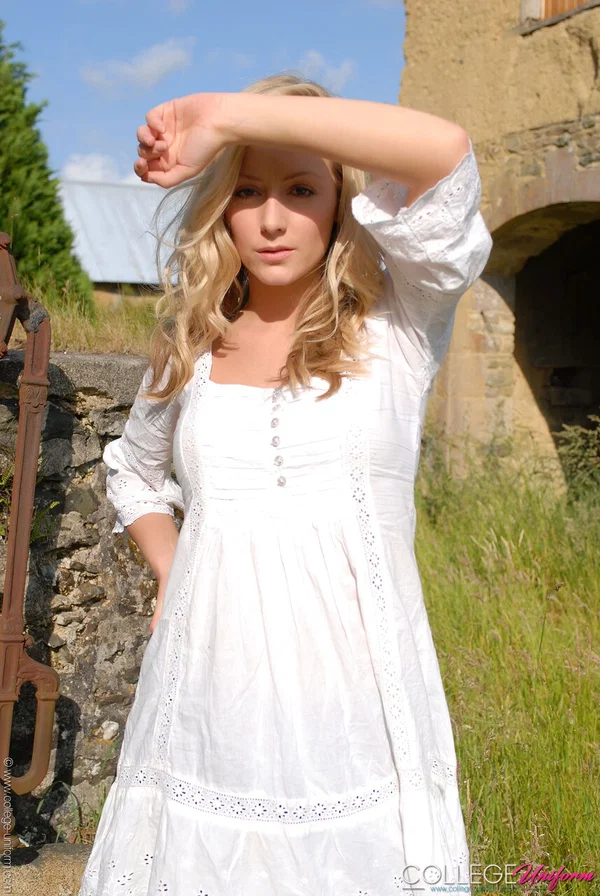 Cute blonde babe Alana Chase posing in her gorgeous outfit outdoors  - College, Schoolgirl, Uniform  - Photo 17