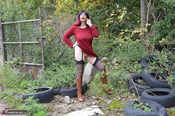 Horny mature Barby spreads ass in stockings & boots in naked outdoor upskirt  - Mature, Outdoor, Boots, Glasses, Amateur, Saggy Tits, Big Tits, Spreading, Ass, High Heels  - Photo 6