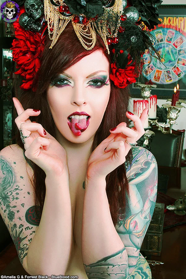 Inked redheaded Goth Penny Poison displays her split tongue during solo action  - Tattoo, Lingerie, Fetish, Redhead, Boots, PAWG, Pussy, Spreading, Face, Shaved  - Photo 13