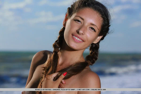 Teen girl Rosella plays with pigtails before taking off her bikini on a beach  - Beach, Outdoor, Bikini, Pussy, Shaved, Pigtails, Model, Ass, Spreading, Cute  - Photo 18