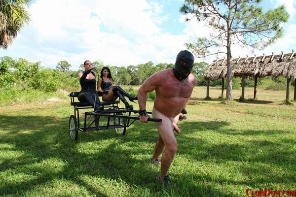 Femdoms Esmi Lee & Venus give a lesson to their naked muscular slave outdoors  - Mature, Femdom, MILF, Glasses, Fetish, BDSM, Bondage, High Heels, Outdoor, Legs  - Photo 9