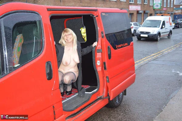 Mature blonde Barby Slut exposes herself inside a camper while in the city  - Amateur, MILF, Stockings, Outdoor, Blonde, Spreading, High Heels, Legs, Big Tits, Natural Tits  - Photo 5