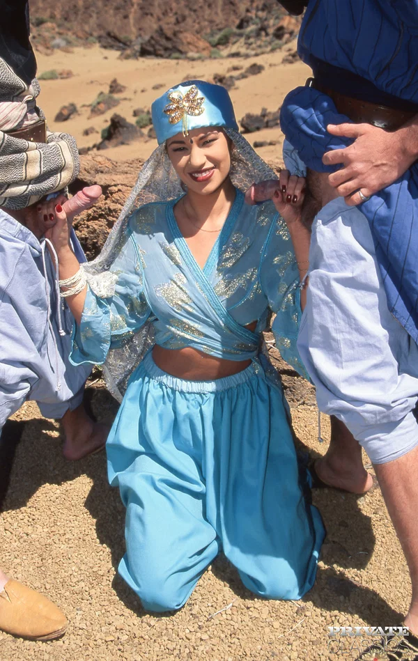 Caucasian female Julia Spain does a DP in the desert while in cosplay attire  - Cosplay, Reality, MMF, Outdoor, Mature, Groupsex, MILF, Threesome, Hairy, Blowjob  - Photo 4