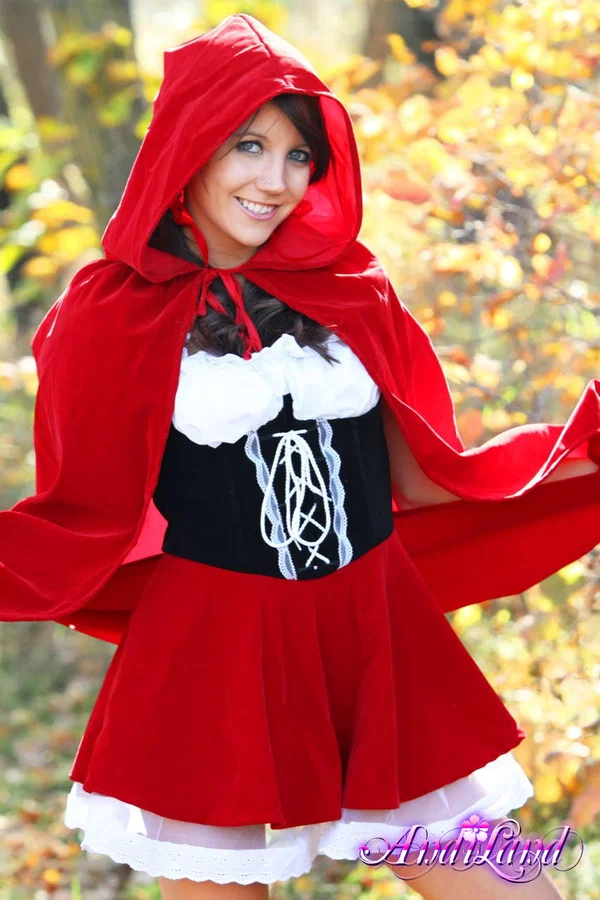 Sweet teen Andi Land frees her tits and twat from a Red Riding Hood outfit  - Cosplay, Pigtails, Undressing, Panties, Skirt, Amateur, Beautiful, Outdoor, Clothed, Skinny  - Photo 5