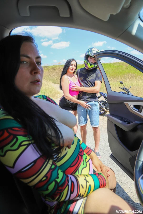 Curvy mature women Ellen Saint, Stepsis Suzie & Christina Santes fuck a biker  - Old Young, Mature, Chubby, Thick, BBW, Curvy, Big Tits, Non Nude, Outdoor, Spreading  - Photo 1