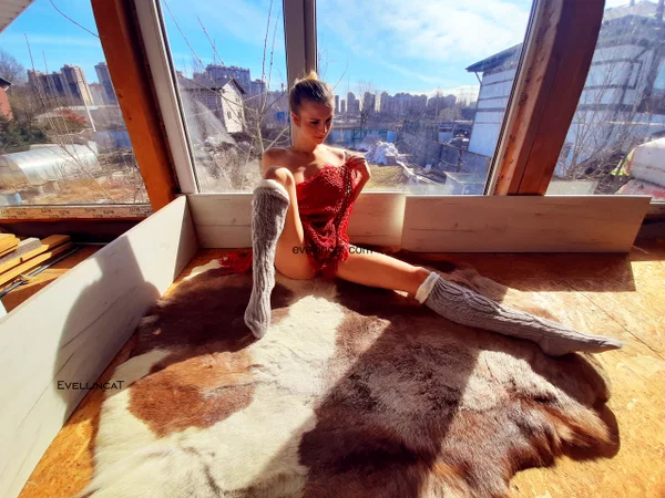 Beautiful leggy amateur babe Evellin Cat poses in her wool socks by the window  - Big Tits, Socks, Russian, Outdoor, Teen, Spreading, Solo, Skinny, Cute, Sexy  - Photo 9