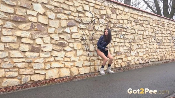 Mini Mitzi squats against a stone wall to take a badly needed piss  - Public, Petite, Outdoor, Spreading, Close Up, Pussy, Skirt, European, Czech, Non Nude  - Photo 2