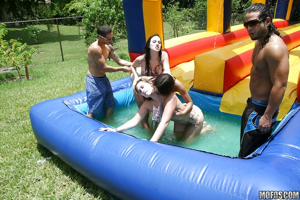 Frisky gals showing off their blowjob skills at the pool party  - Party, Bikini, Pool, Ass, Blowjob, Outdoor, PAWG, Tiny Tits  - Photo 1