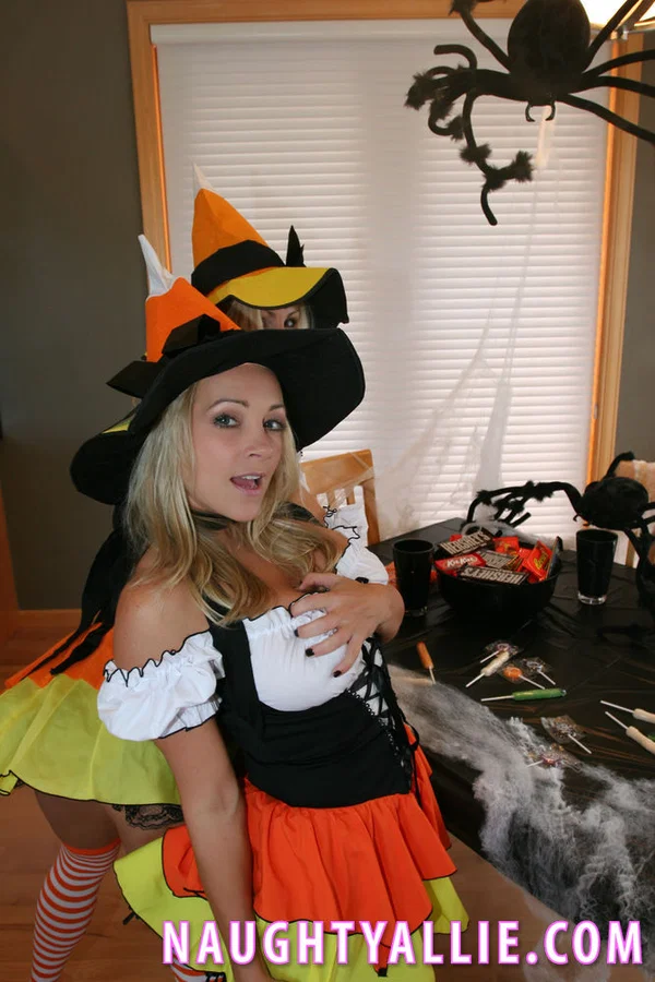 Blonde lesbians Sammy & Naughty Allie have sex while wearing Halloween outfits  - Halloween, Cosplay, MILF, Pussy Licking, Big Tits, Stockings, Lesbian, Panties, Skirt, Kissing  - Photo 2