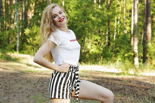 Blonde teen Ellie gets naked while eating watermelon in the woods  - Pussy, Beautiful, Outdoor, Blonde, Spreading, Legs, Ass, Shorts, Shaved, Close Up  - Photo 2