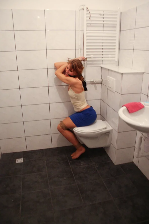 Brunette babe Eve struggles to free herself from bondage in the bathroom  - Clothed, Bondage, BDSM, Skirt, Redhead, Amateur, Babe, Ass, Blowjob, Feet  - Photo 5