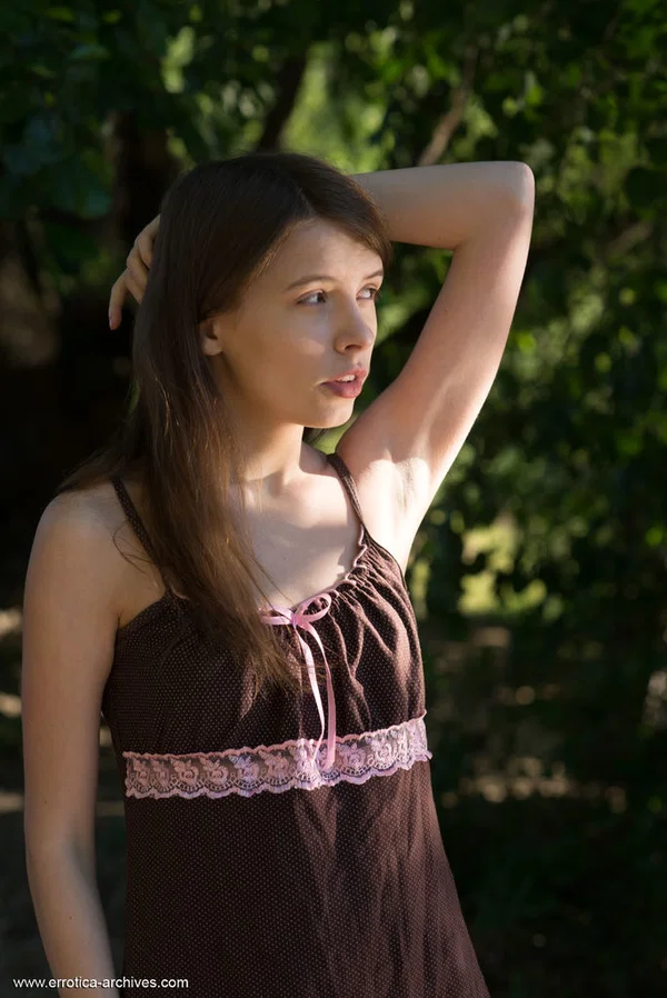 Sweet teen Jemma A gets completely naked in a treed location  - Outdoor, Tiny Tits, Panties, Model, Spreading, Close Up, Clothed, Skirt, Legs, Brunette  - Photo 1
