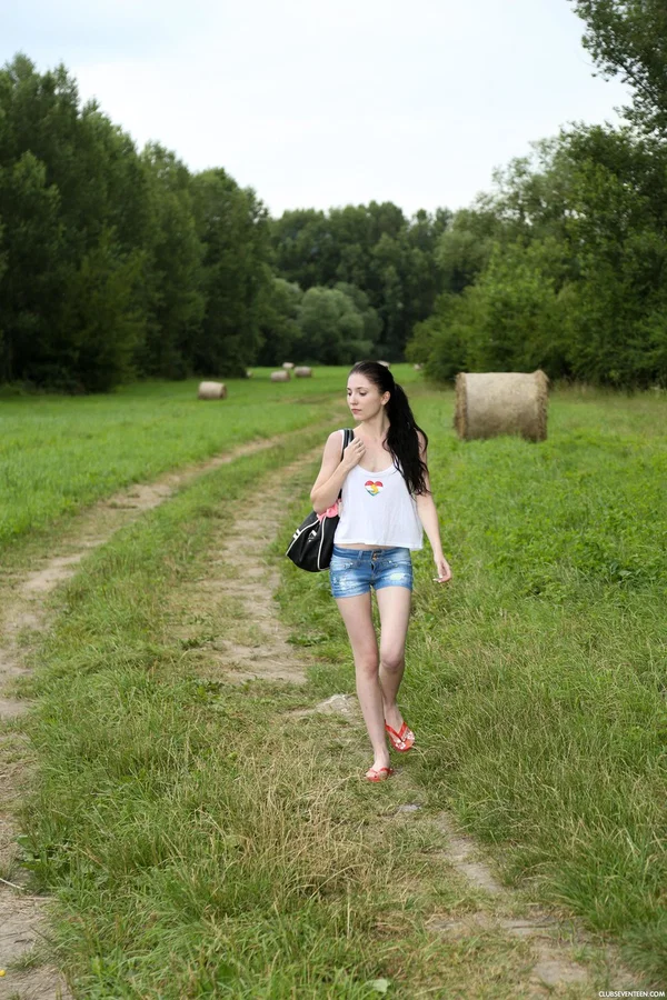 Dark-haired Hungarian teen Mia Evans strips and masturbates in nature  - Public, Outdoor, Teen, Beautiful, Hungarian, Spreading, Shorts, Dildo, Clothed, Pussy  - Photo 1