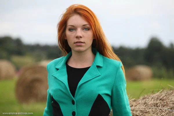 Redheaded teen Amber A gets totally naked against a round bale in a field  - Redhead, Outdoor, Pussy, Upskirt, Spreading, Ass, Shaved, PAWG, Clothed, Teen  - Photo 1