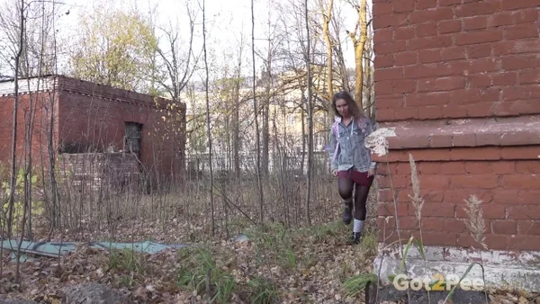 White girl Rita bares her bum while taking a piss by an abandoned building  - Pissing, Public, Ass, Outdoor, Stockings, PAWG, Non Nude, Panties, Close Up, Pussy  - Photo 1