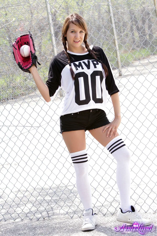 Young girl Andi Land exposes herself while playing ball at a diamond  - Amateur, Teen, Shorts, Outdoor, Stockings, Ass, Pigtails, Panties, Clothed, Skinny  - Photo 1
