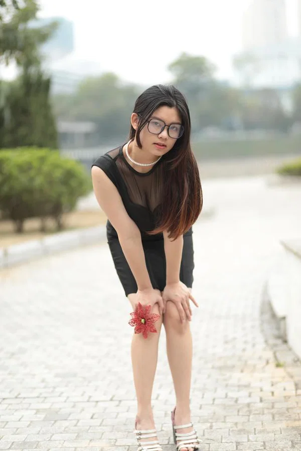 Smoking hot Asian babe Natalia posing in her tight black dress outside  - Asian, Glasses, Skirt, Clothed, Outdoor, Amateur, Babe, Beautiful, Solo, Brunette  - Photo 7