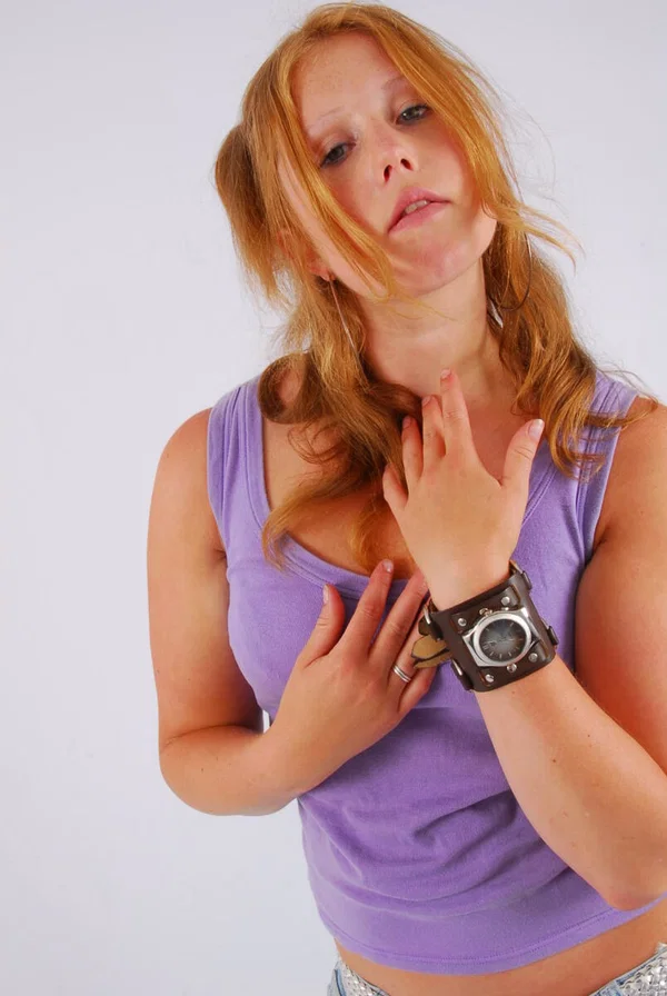 Natural redhead models a large cuff watch in a tank top and faded jeans  - Jeans, Amateur, Redhead, Clothed, Beautiful, Solo, Ass, PAWG, Babe, Non Nude  - Photo 12