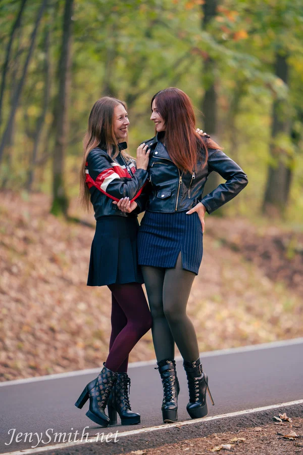 Beautiful lesbian Jeny Smith & her sexy GF show their small tits outdoors  - Upskirt, Non Nude, Pantyhose, Leather, Skirt, Spreading, Clothed, High Heels, Lesbian, Natural Tits  - Photo 2