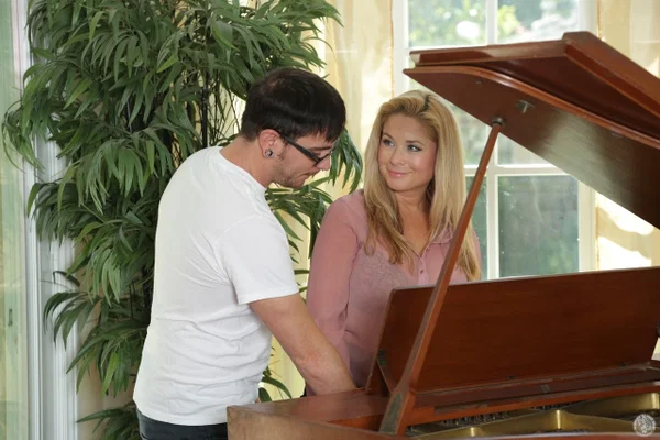 Blonde MILF gives an amazing blowjob after her piano lesson, until he cums  - Cougar, Old Young, Mature, MILF, Handjob, Blowjob, Big Tits, Natural Tits, High Heels, Glasses  - Photo 1