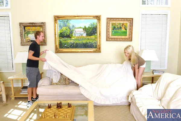 Sexy blonde Tiffany Fox fucks her boyfriend's friend on a chesterfield  - Girlfriend, Shorts, Hardcore, Big Tits, Handjob, Natural Tits, Skinny, Nipples, Facial, Cumshot  - Photo 2