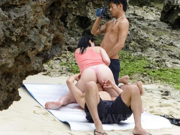 Japanese girl Megumi Haruka leaks sperm from her bush during outdoor MMF sex  - Beach, Japanese, MMF, Facesitting, Cum In Pussy, Asian, Hairy, Pussy, Outdoor, Pussy Licking  - Photo 1