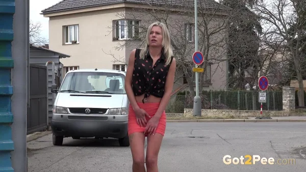 Blonde girl Claudia Macc hikes up her miniskirt to piss beside the road  - Pissing, Public, Beautiful, Pussy, Spreading, Czech, Blonde, Close Up, Skirt, High Heels  - Photo 1