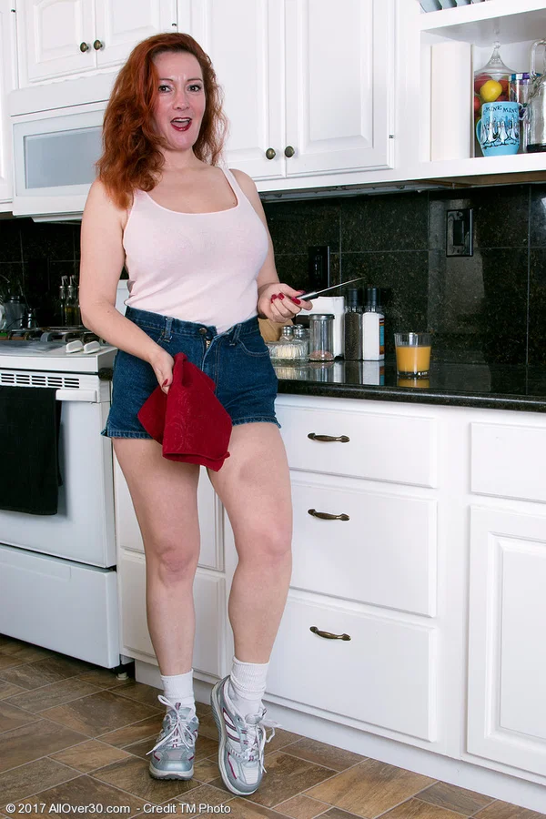 Older redhead Jessica OHare shows her big naturals and trimmed pussy in kitchen  - Mature, Housewife, Wife, Redhead, Natural Tits, Big Tits, Spreading, Hairy, Lingerie, Pussy  - Photo 1