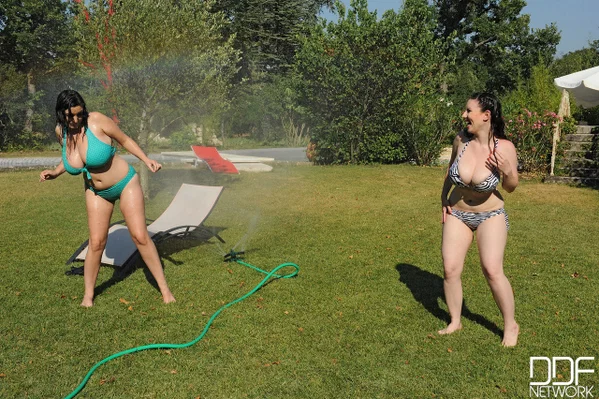 Busty Michelle Monaghan & Karina Heart go naked & have fun in the back yard  - Natural Tits, MILF, Curvy, Big Tits, Outdoor, Wet, Bikini, Chubby, Thick, BBW  - Photo 3