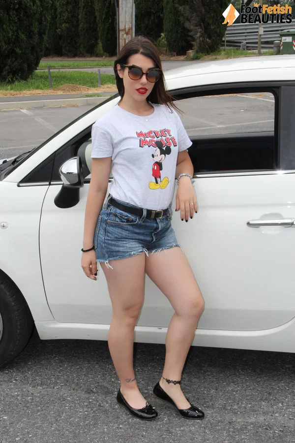 Clothed brunette Petra frees her pretty feet from flat shoes in driver's seat  - Feet, Non Nude, Clothed, Shorts, Outdoor, Brunette, Glasses, Babe, European, PAWG  - Photo 1