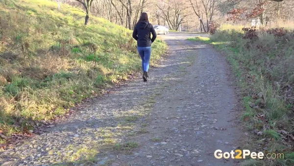 White girl Amanda Hill pulls down her jeans to pee on a gravel road  - Pissing, Public, Jeans, Pussy, Close Up, Redhead, Hairy, Outdoor, Czech, Spreading  - Photo 15