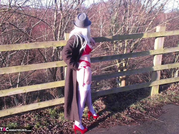 Older amateur Barby Slut exposes herself while crossing a footbridge  - Mature, Glasses, Amateur, Outdoor, Stockings, High Heels, Blonde, British, Legs, European  - Photo 14