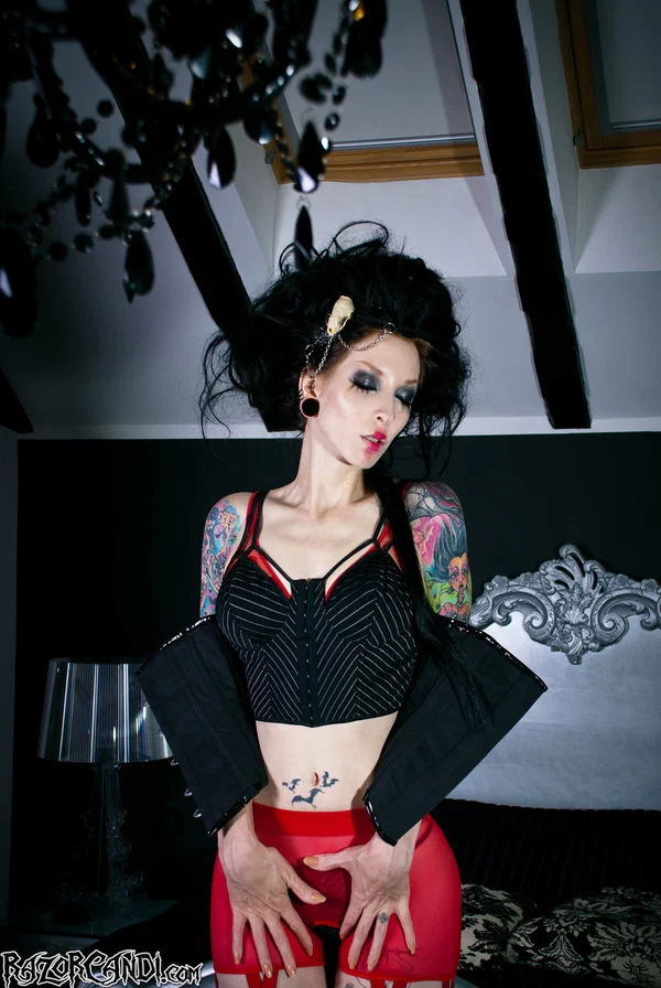 Alternative model Razor Candi dildos her shaved pussy during solo action  - Fetish, MILF, Lingerie, Tattoo, Redhead, Beautiful, Face, Skinny, Pussy, Shaved  - Photo 9