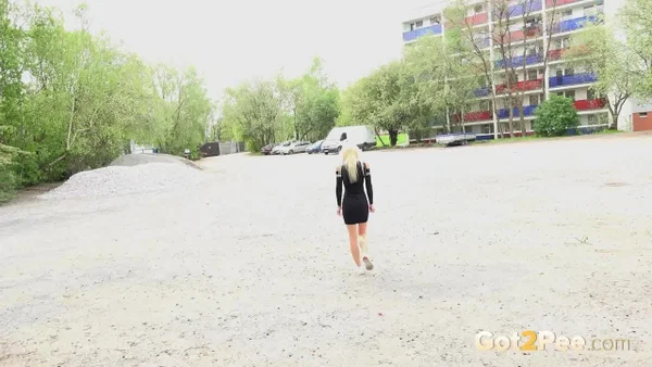 Distressed blonde takes an urgent piss on concrete blocks while out for a walk  - Pissing, Shaved, Outdoor, Spreading, Pussy, Blonde, Close Up, Babe, Skirt, Clothed  - Photo 15