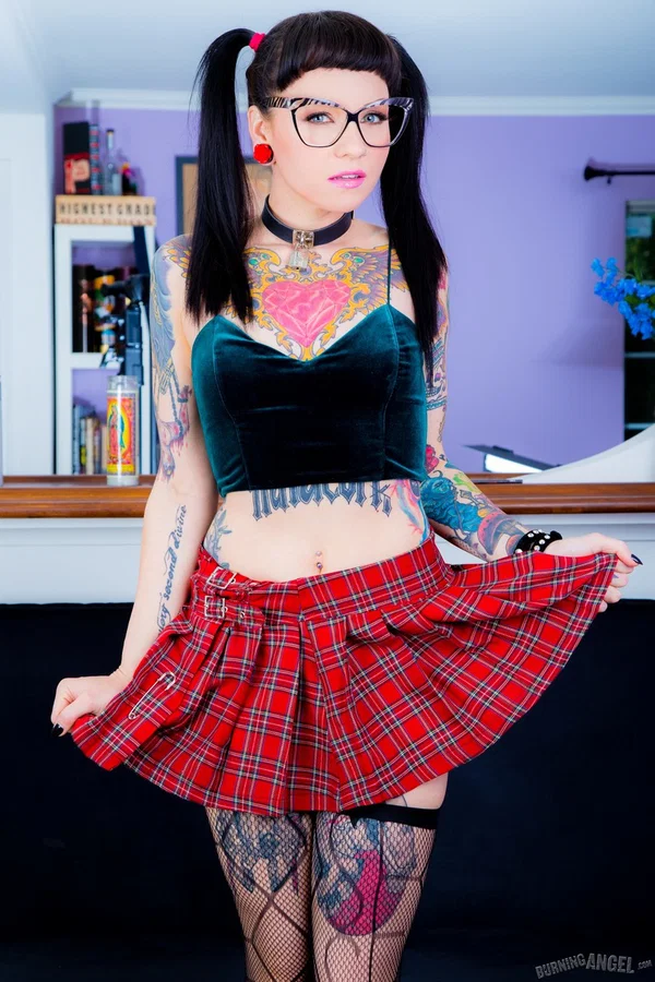 Tattooed Necro Nicki in pigtails & short skirt on knees showing tight ass  - Anal Gape, Tattoo, Glasses, Stockings, Brunette, Spreading, Babe, Panties, Pussy, Pigtails  - Photo 2