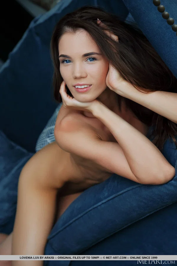 Young brunette Lovenia Lux highlights her shaved vagina while naked on a sofa  - Shaved, Spreading, Pussy, Model, Legs, Teen, Solo, Tiny Tits, Panties, Beautiful  - Photo 18