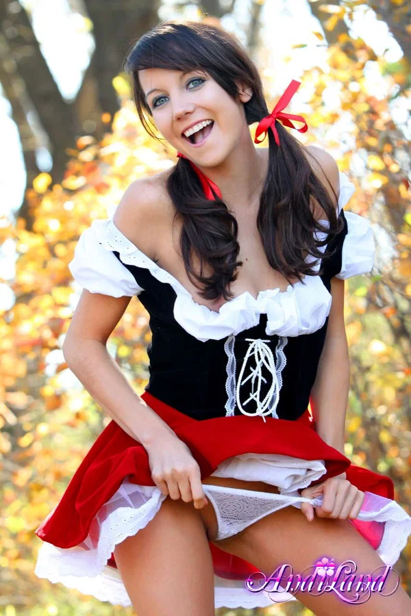 Sweet teen Andi Land frees her tits and twat from a Red Riding Hood outfit  - Cosplay, Pigtails, Undressing, Panties, Skirt, Amateur, Beautiful, Outdoor, Clothed, Skinny  - Photo 11