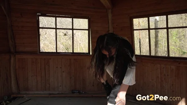 Brunette girl Violet Rilz takes a badly needed piss inside a derelict building  - Pissing, Curvy, Chubby, Thick, BBW, Close Up, Shaved, Ass, Outdoor, Skirt  - Photo 3