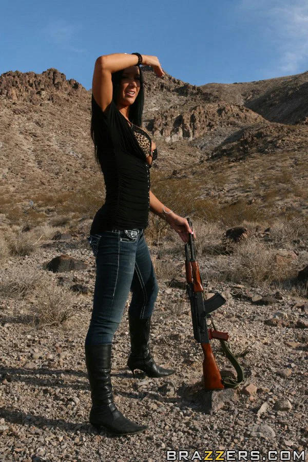 Big titted pornstar Jayden Jaymes poses naked with a gun outdoor  - Boots, Pornstar, Outdoor, Big Tits, Jeans, Ass, Glasses, Panties, PAWG, Bikini  - Photo 4