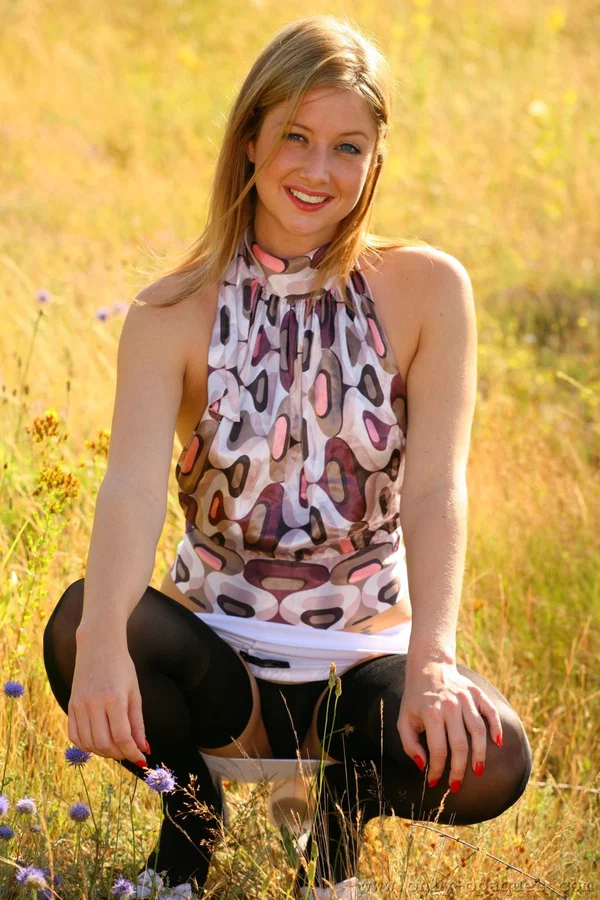 Wild amateur blonde Maddie M posing in stockings & panties in the field  - Uniform, Clothed, Outdoor, Stockings, Upskirt, Panties, Ass, Babe, Beautiful, Undressing  - Photo 4