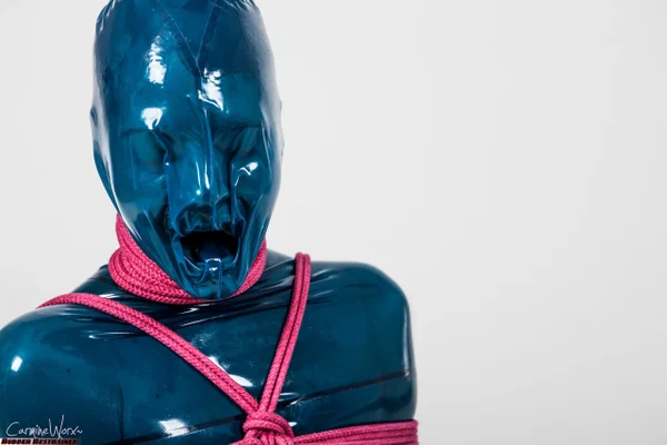 Fetish model Ropemarks is encased in latex clothing while bound with pink rope  - Latex, Bondage, BDSM, Brunette  - Photo 10
