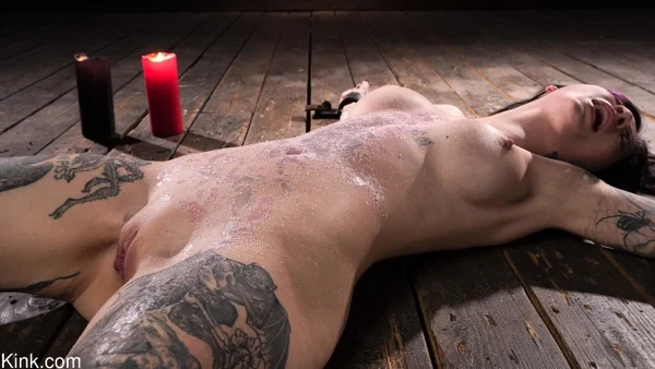 Bound American Charlotte Sartre gets toyed and covered in wax in the dungeon  - BDSM, Big Tits, Bondage, Dildo, Tattoo, Brunette, Pussy, White, Natural Tits, Spreading  - Photo 18