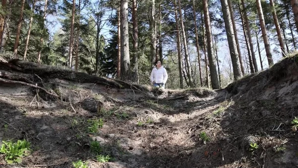 Brunette chick Katy Dee takes a badly needed pee over a bank in the woods  - Pissing, Jeans, Boots, Outdoor, Close Up, Pussy, Shaved, Babe, Beautiful, Solo  - Photo 1