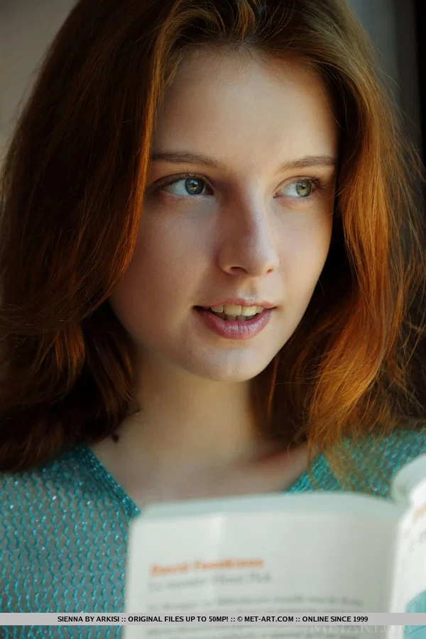 Young redhead Sienna gets totally naked on her bed after reading a book  - European, Teen, Pussy, Spreading, Glamour, Babe, Shaved, Face, Ass, Feet  - Photo 1